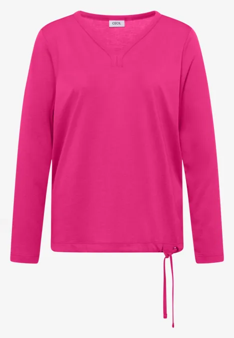 Helles pinkes Langarmshirt mit V-Ausschnitt und Kordelzug am Saum.