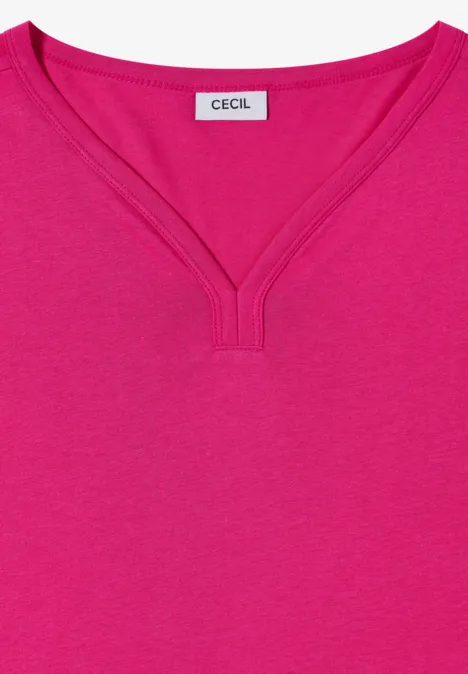 Fuchsiafarbenes Damen-Top mit V-Ausschnitt und eingenähtem Label 'CECIL' im Nacken