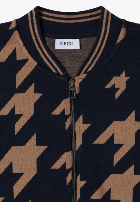 Marine-beige Strickjacke von CECIL im Hahnentritt-Muster mit Reißverschluss