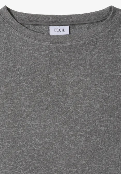 Graues meliertes T-Shirt mit Rundhalsausschnitt und Etikett 'CECIL'.