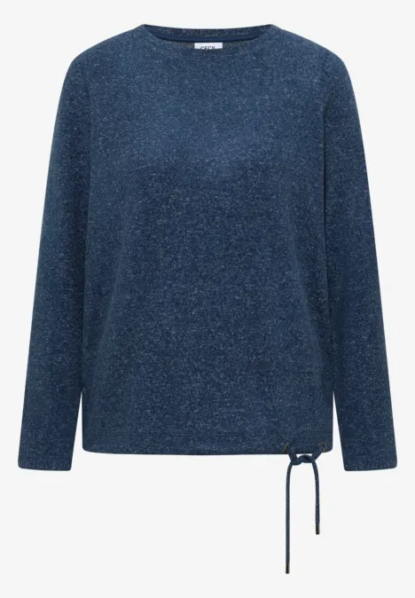 Blauer Pullover mit langen Ärmeln und seitlicher Schnürung am Saum