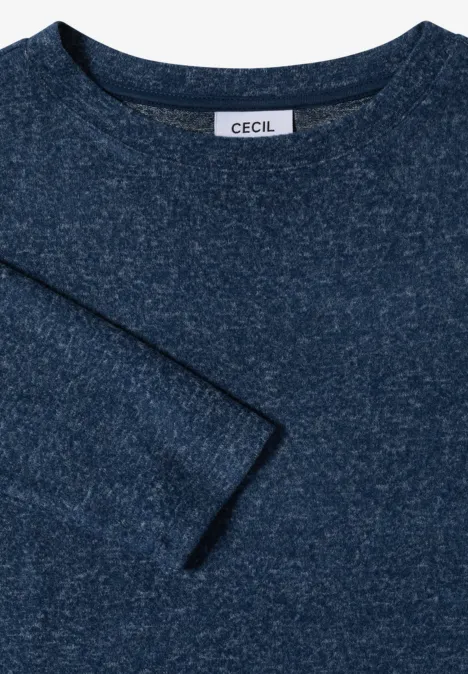 Dunkelblauer Strickpullover mit halblangen Ärmeln und rundem Ausschnitt, mit CECIL-Label.