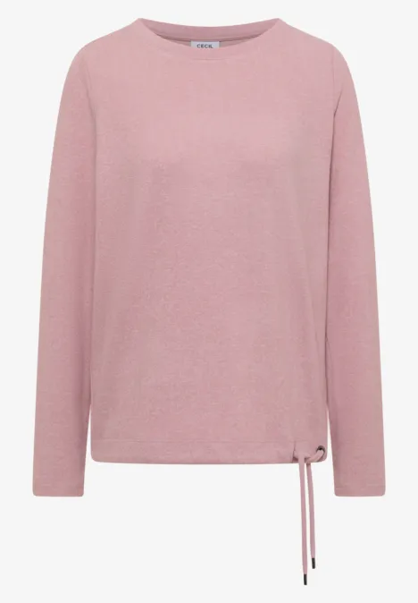 Rosa Langarm-Pullover mit Rundhalsausschnitt und seitlicher Kordel an der Taille.