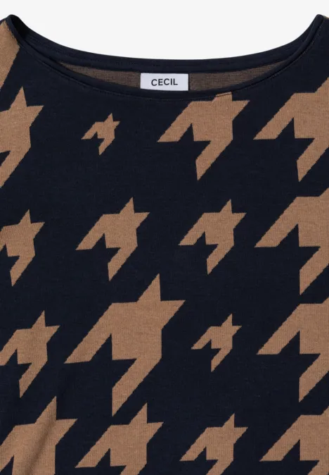 Shirt met lange mouwen, boothals en print urban dark blue Schwarzer Pullover mit braunem Hahnentrittmuster und rundem Ausschnitt, Markenlabel 'CECIL'.
