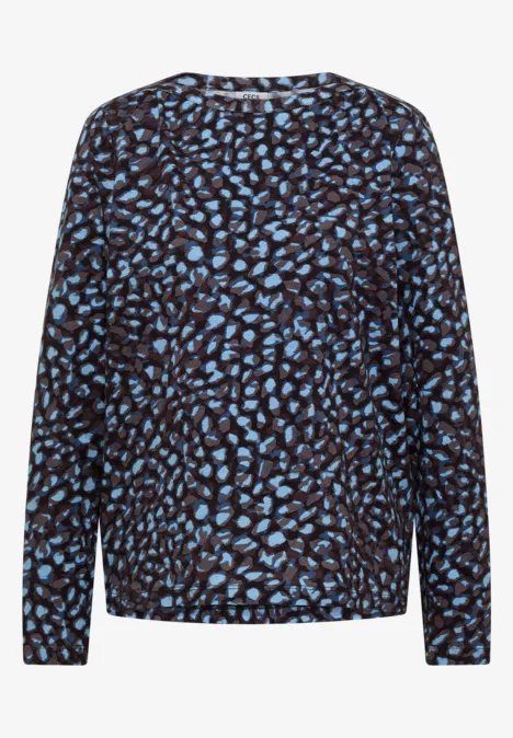 T-shirt à col bateau et motif patchwork raw chocolate brown Pull noir à motif de feuilles bleues, manches longues et col rond.