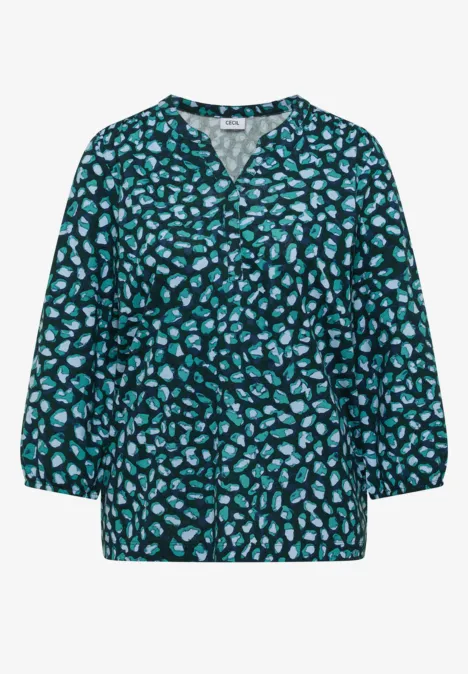 Bluse in Dunkelgrün mit türkisfarbenem, floralen Muster, lockerem Schnitt, V-Ausschnitt und 3/4-Ärmeln.