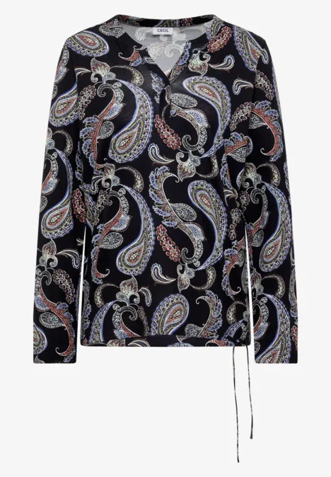 Schwarze, langärmlige Bluse mit buntem Paisley-Muster und Taillenschnürung.