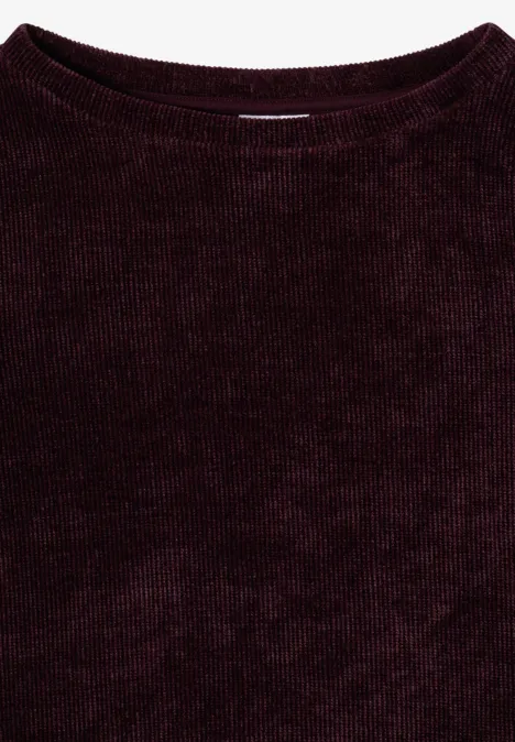 T-shirt à manches 3/4 en velours côtelé avec encolure bateau berry red Un pull bordeaux à fines côtes en tissu doux.