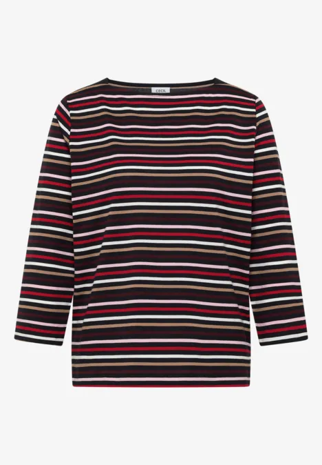 Schwarzes Shirt mit 3/4-Ärmeln und bunten horizontalen Streifen in Rot, Weiß und Grün.
