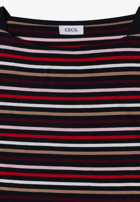 Gestreiftes Langarmshirt in Schwarz, Rot, Beige und Weiß mit Rundhalsausschnitt und Markenlabel
