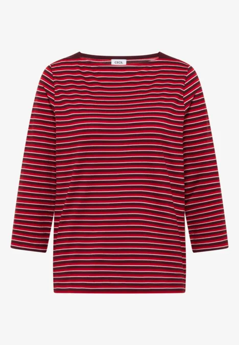 Rotes Langarmshirt mit schwarzen Querstreifen und rundem Ausschnitt.