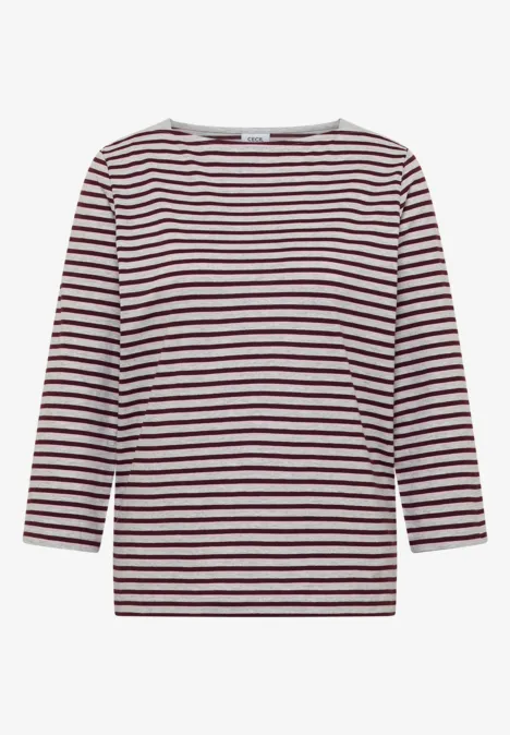 3/4-Arm Shirt mit Boat Neck und Streifen light grey melange Langärmliges Damen-Shirt mit weißen, navyblauen und burgunderfarbenen Streifen.