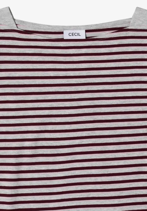 3/4-Arm Shirt mit Boat Neck und Streifen light grey melange Hellgraues T-Shirt mit horizontalen dunkelroten Streifen und einem CECIL-Label am Kragen.