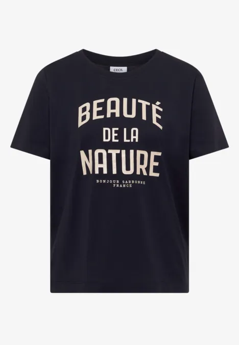 Schwarzes T-Shirt mit cremefarbenem Print 'Beauté de la Nature'