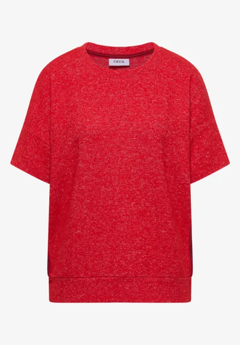 Shirt met verlaagde schouders, ronde hals en band flame red melange Ein rotes kurzärmeliges Sweatshirt mit feinem Melange-Effekt und Rundhalsausschnitt.