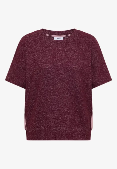 Shirt met aflopende schouders, ronde hals en band red wine melange Kurzarm-Pullover aus meliertem, dunkelrotem Strick mit Rundhalsausschnitt.