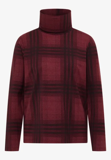 Dunkelroter Rollkragenpullover mit kastiger Passform und großem karierten Muster.