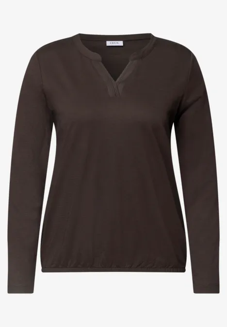 Shirt met split in de hals, in tuniekstijl truffle brown Bruin damesshirt met lange mouwen, V-hals en elastische boord