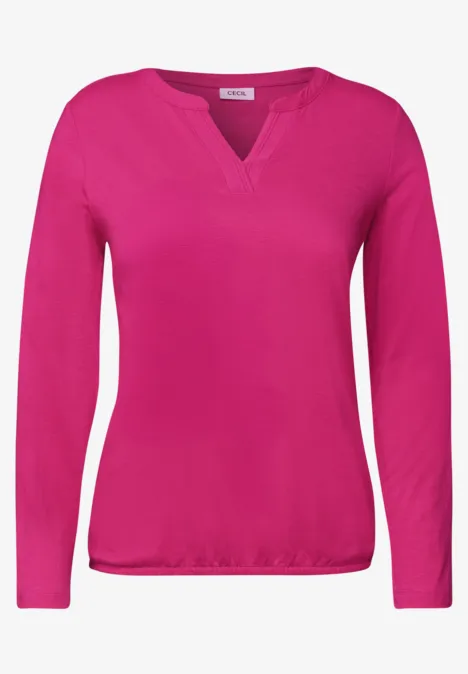 Shirt met split in de hals, in tuniekstijl pink flash Roze shirt met lange mouwen, V-hals en elastische zoom, eenvoudig en modieus.