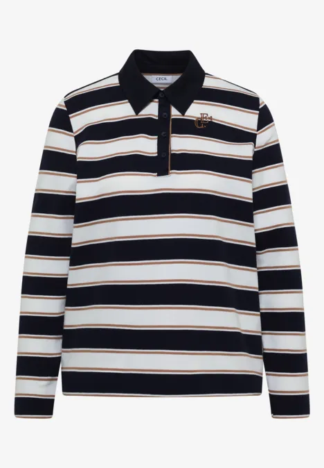 Langarm-Polo mit breiten Schwarz-Weiß-Gold-Streifen und kleinem Brustlogo.