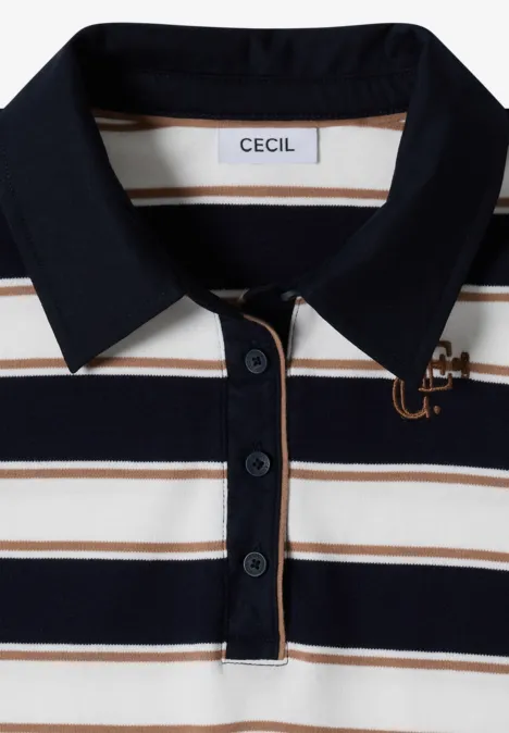 Dunkelblaue weiße Streifenpolo mit schmalen braunen Streifen, dunkelblauer Kragen und Markenlabel 'Cecil'.