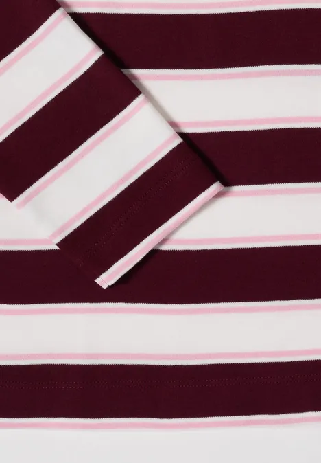 Langarm Poloshirt mit Knöpfen red wine Detail eines burgundrot-weiß-rosa gestreiften Shirtärmelstücks