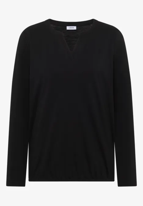 Langarm Shirt im Tunika-Look Black Schwarzer, langärmliger Pullover mit V-Ausschnitt und schlichter Optik.