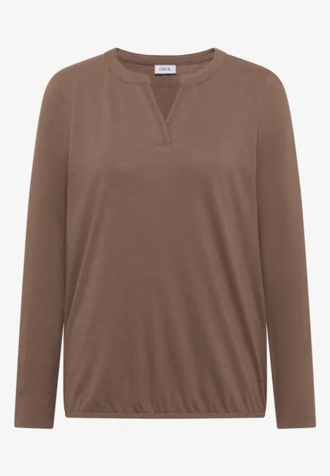 Braunes Langarmshirt mit V-Ausschnitt und elastischem Saum