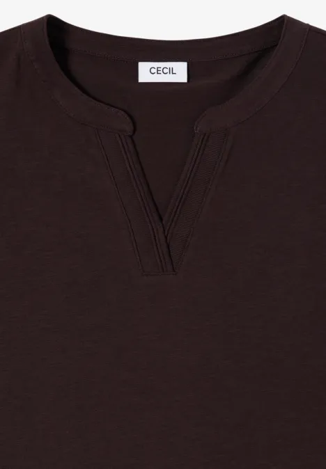 Langarm Shirt im Tunika-Look truffle brown Dunkelbraunes T-Shirt mit V-Ausschnitt und Cecil-Label am Kragen.