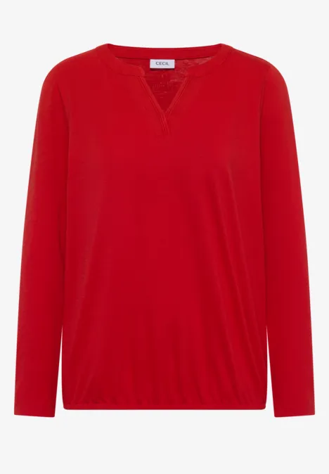 Langarm Shirt im Tunika-Look flame red Rotes langärmliges Shirt mit V-Einsatz am Rundhalsausschnitt und elastischem Saum