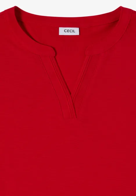 Langarm Shirt im Tunika-Look flame red Rotes T-Shirt mit abgerundetem V-Ausschnitt und feinen Nahtdetails, Markenetikett 'CECIL' am Kragen.