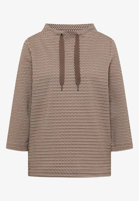 T-shirt à manches 3/4, col cheminée et texture urban taupe Pull à capuche beige à motif géométrique marron, cordon de serrage.