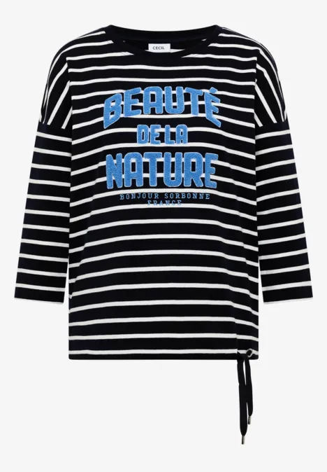 T-shirt rayé à manches 3/4 avec lien latéral et texte "Beauté de la Nature"