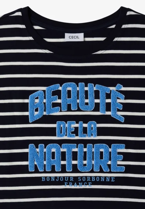 T-shirt rayé noir et blanc avec inscription bleue Beauté de la Nature et petit slogan Bonjour Sorbonne