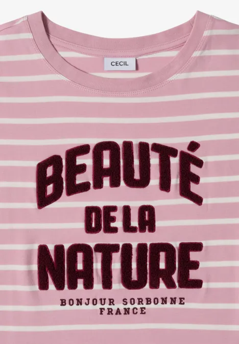 Rosa-weiß gestreiftes T-Shirt mit 'Beauté de la Nature' und kleinem 'Bonjour, Bordeaux, France' Druck.