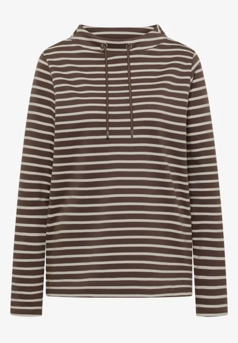 Brauner Kapuzenpullover mit weißen Querstreifen und Kordelzug, legerer Langarm-Sweater.
