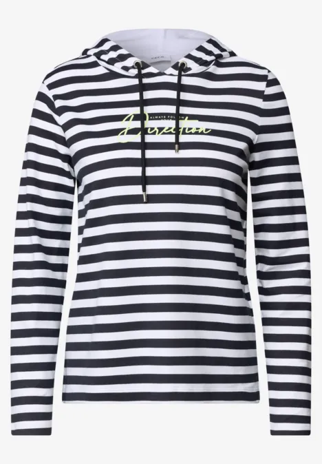 Shirt met lange mouwen, capuchon en strepen urban dark blue Damen-Hoodie mit schwarzen und weißen Streifen, Kapuze und dezentem Logo auf der Brust.