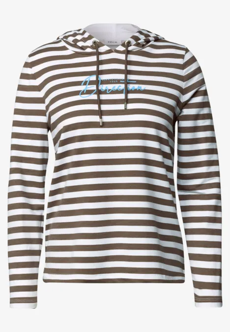 Langärmliger Hoodie mit braun-weißen Streifen, Kapuze, Kordelzug und hellblauer Schrift auf der Brust