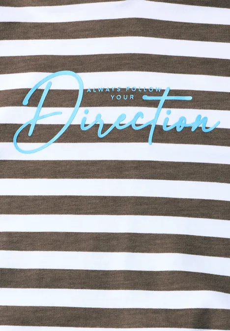 Braun-weiß gestreiftes T-Shirt mit türkisfarbenem Schriftzug "Follow your Direction".