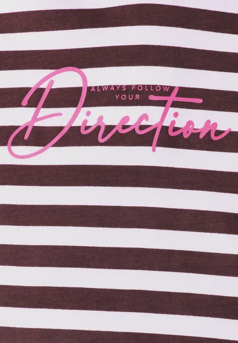 Shirt met lange mouwen, capuchon en strepen red wine Weiß-braun gestreiftes Shirt mit pinkem Schriftzug 'Always follow your Direction'.