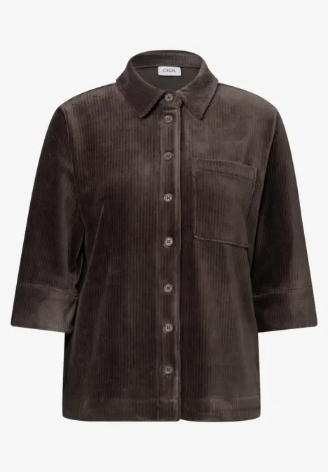 Blouse en jersey de velours côtelé à manches courtes, couleur unie truffle brown Braunes Cord-Hemd mit 3/4-Ärmeln, Knopfleiste und Brusttasche