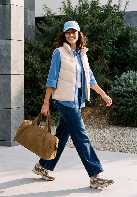 Une femme en tenue décontractée porte un sac et marche en souriant devant un bâtiment moderne.