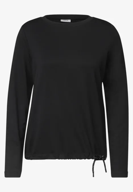 Schwarzes Langarmshirt mit Rundhals und Kordelzug am Saum.