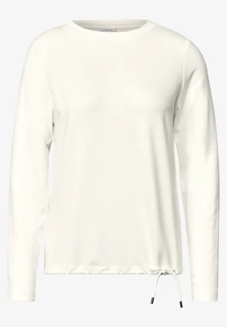 Schlichtes weißes Langarmshirt mit rundem Ausschnitt und Tunnelzug am Saum.
