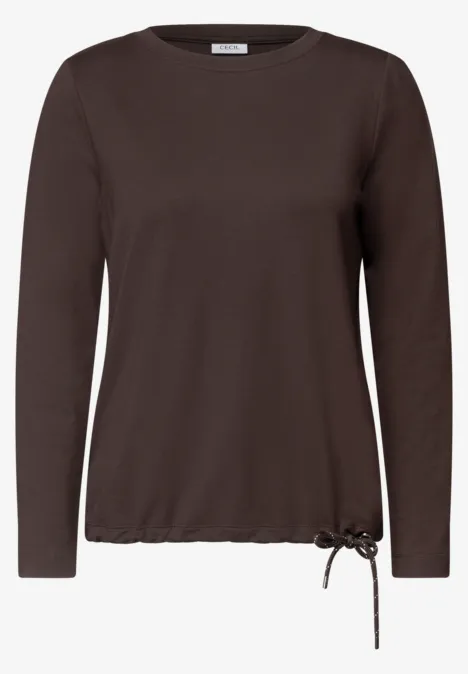 Langarm Shirt mit Tunnelzug am Saum truffle brown Braunes Damen-Langarmshirt mit Rundhalsausschnitt und seitlicher Kordel am Saum.