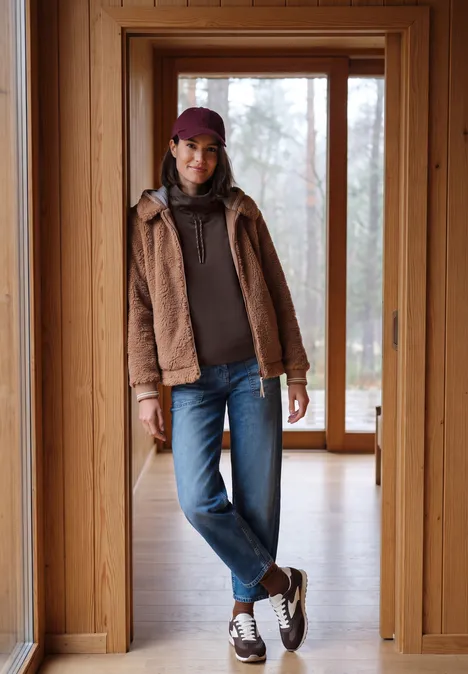 Vrouw in spijkerbroek, lichtbruine jas, hoodie en pet, nonchalant staand in een houten hal.