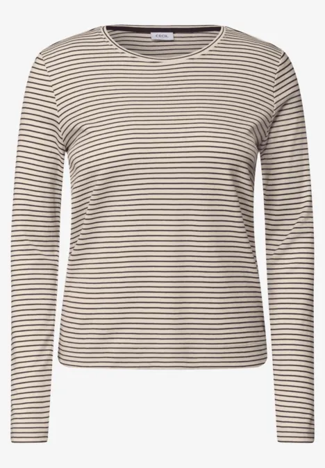 Beige-weiß gestreiftes Langarmshirt mit Rundhalsausschnitt.
