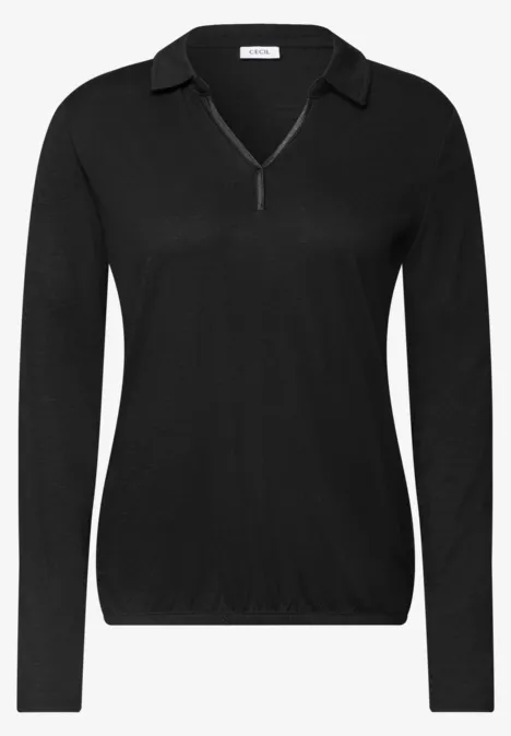 Langarm Shirt mit Hemdkragen Black Schwarzes Langarmshirt mit Kragen, V-Ausschnitt und kurzem Reißverschluss