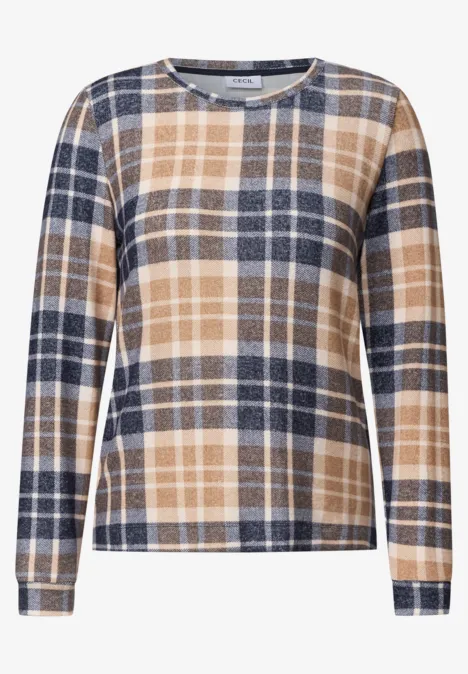 Langärmliges Damenshirt mit kariertem Muster in Beige und Dunkelblau.
