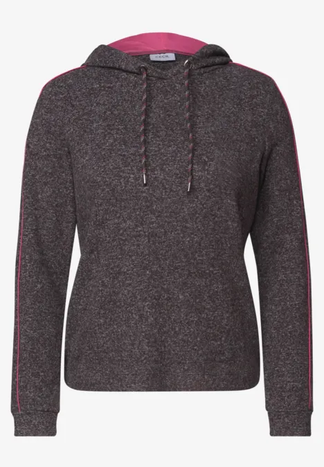 T-shirt à manches longues avec capuche et passepoil truffle brown melange Dunkelroter Strick-Hoodie mit rosa Kapuzenfutter, Kordelzug und seitlichen Streifen an den Ärmeln.